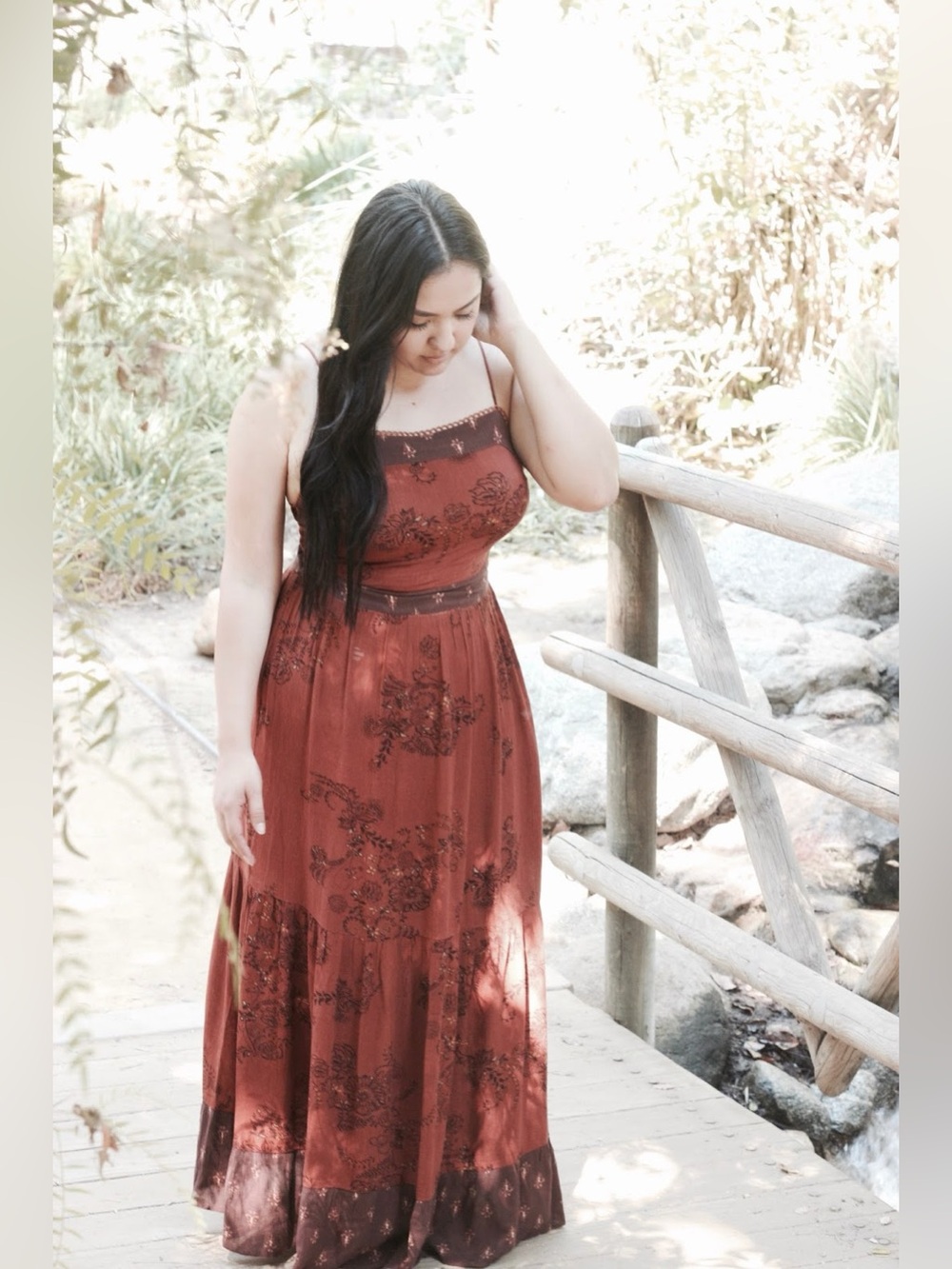 Sun & Shadow Burnt Orange Fall Floral Maxi Dress w Spaghetti Straps Boho Hippie